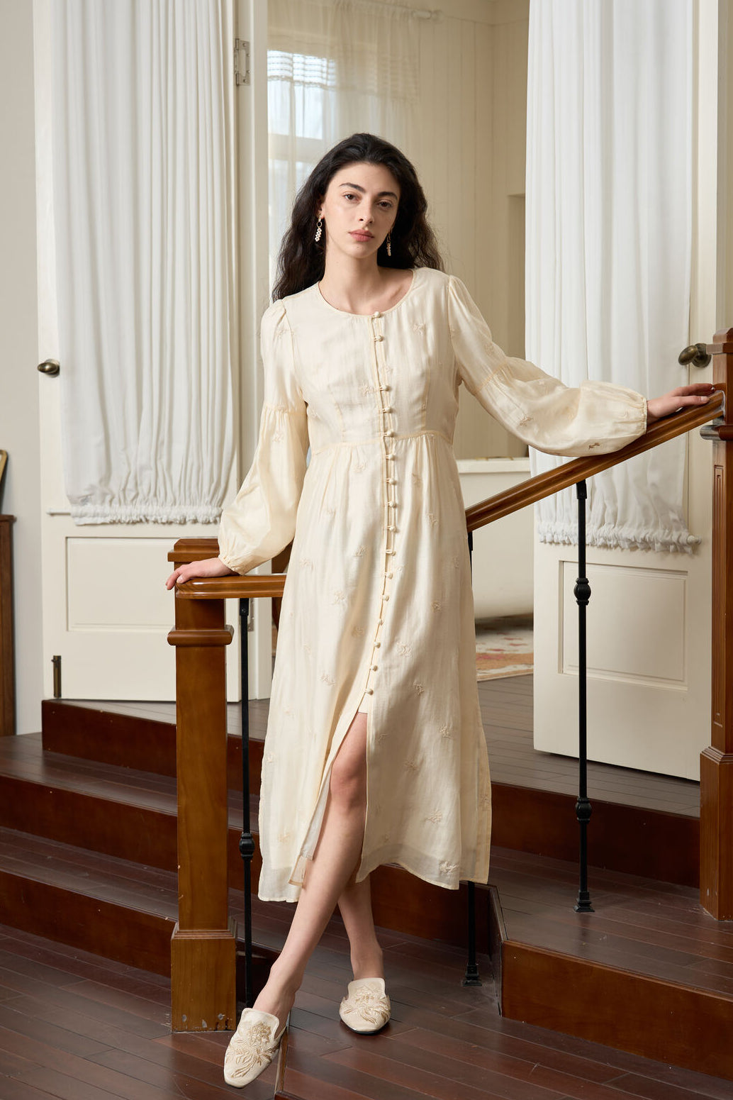 Famecoco Buttoned Embroidered Midi Dress XL / Apricot