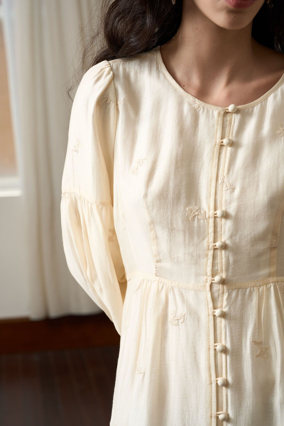 Famecoco Buttoned Embroidered Midi Dress XL / Apricot Famecoco Buttoned Embroidered Midi Dress XL / Apricot