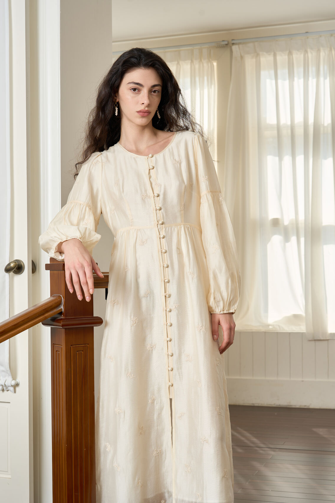 Famecoco Buttoned Embroidered Midi Dress XL / Apricot Famecoco Buttoned Embroidered Midi Dress XL / Apricot