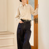 Famecoco Curved‑Leg Wide Raw Denim Pants