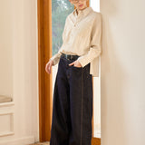 Famecoco Curved‑Leg Wide Raw Denim Pants