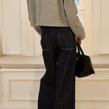 Famecoco Curved‑Leg Wide Raw Denim Pants