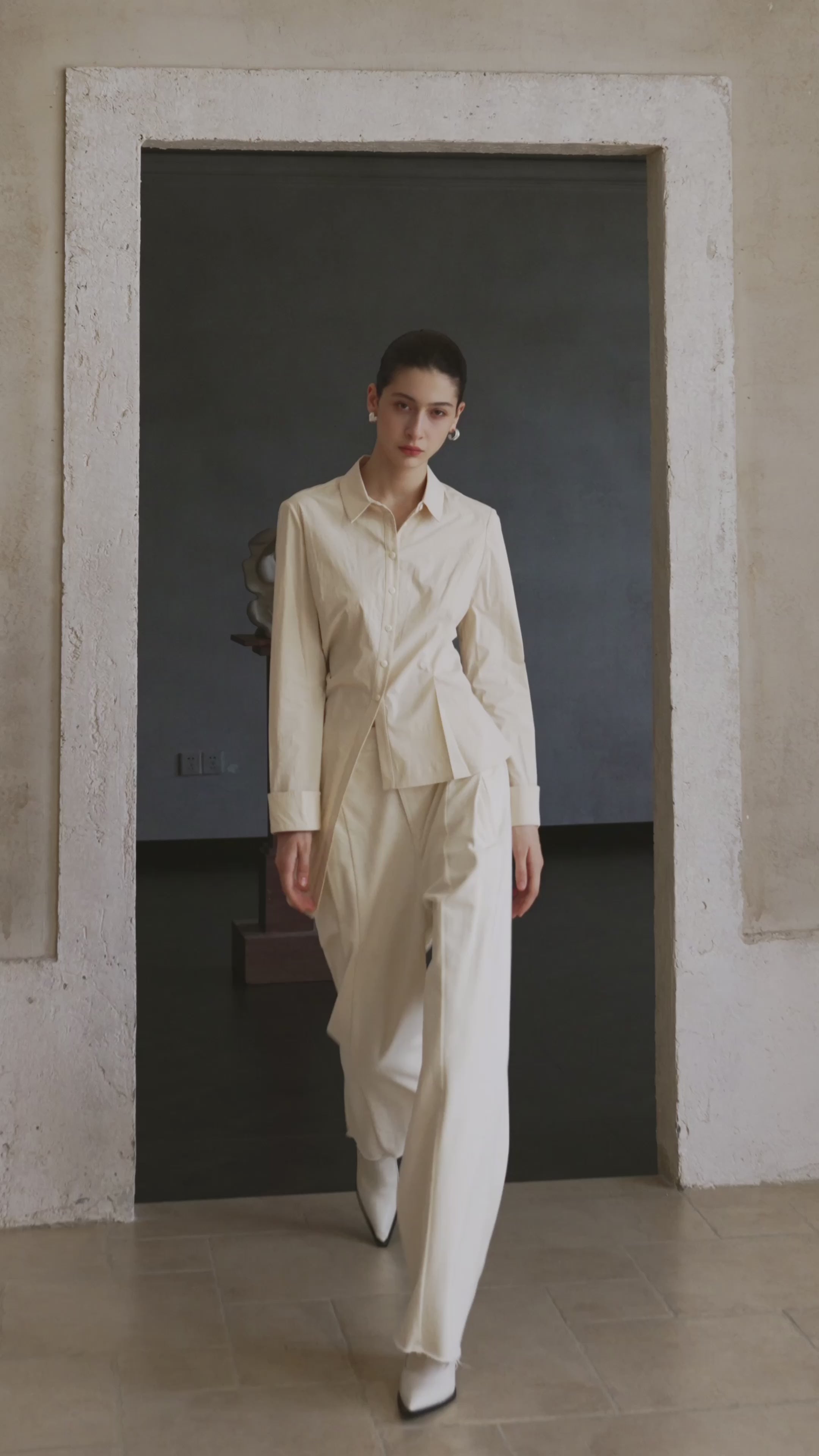 Famecoco Cotton‑Stretch Asymmetric Shirt